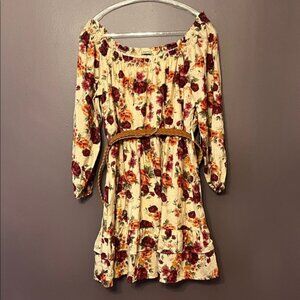 Liberty Love XL Floral On/Off-Shoulder Boho Dress in Cream and Burgundy NWT